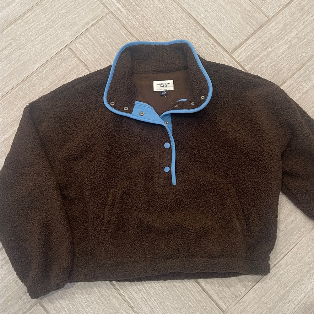 American Eagle Outfitters Brown Teddy Jacket with Blue Trim - Picture 3 of 6